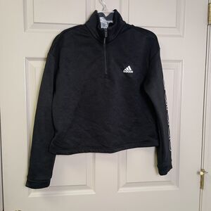 Adidas Womens Crop Pullover Essentials Large Long Sleeve Spellout 1/4 Zip Black